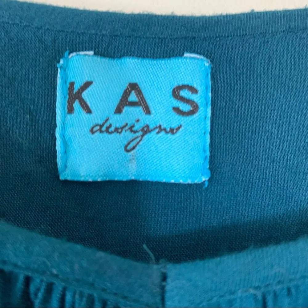 KAS Teal Floral Embroidered Boho Peasant Blouse Size L - Image 2