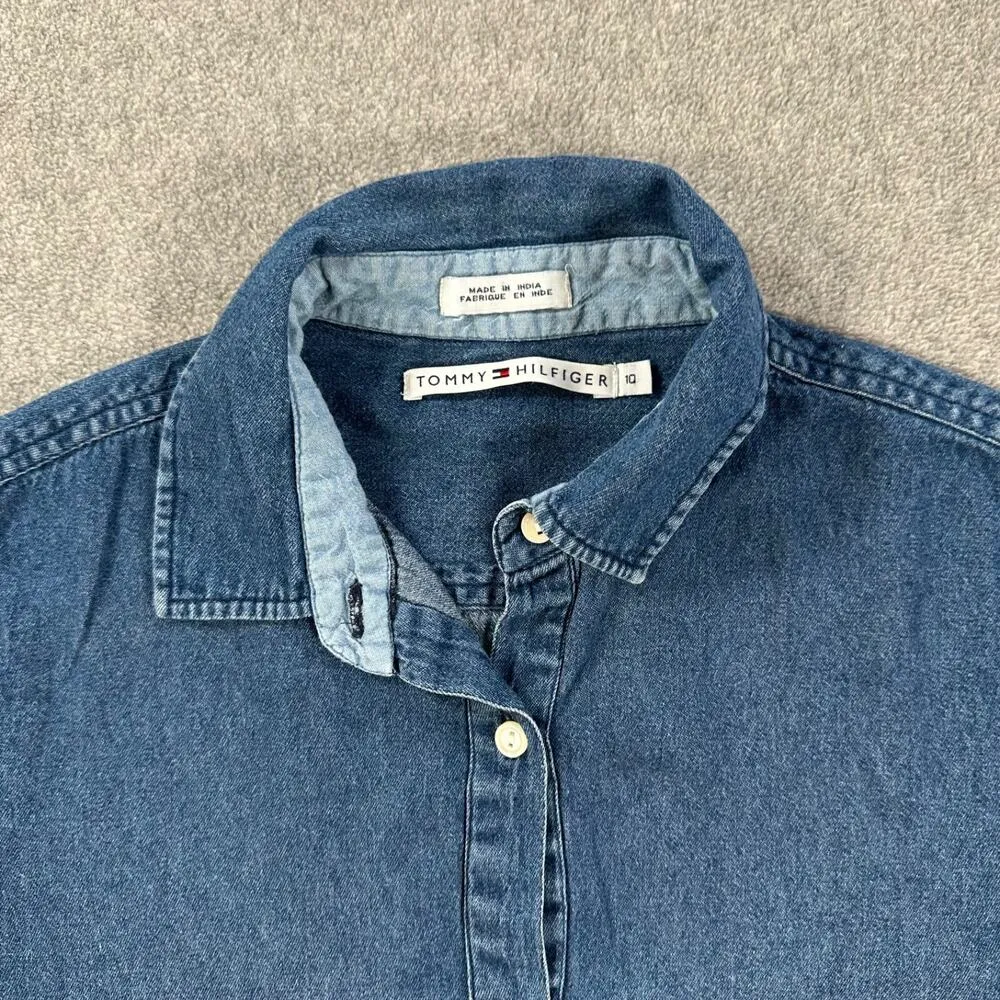 Tommy Hilfiger Floral Embroidered Blue Jean Denim Blouse Women's 10 Short Sleeve - Image 3