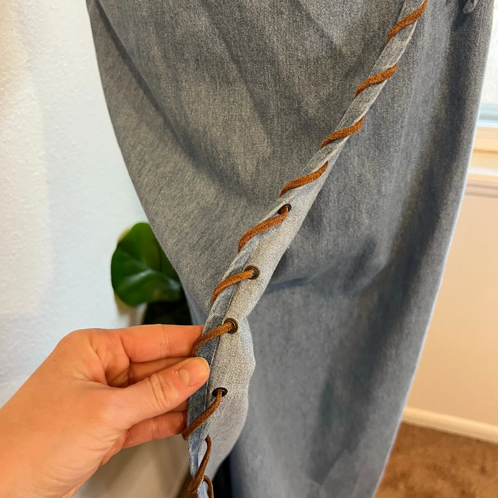 KZK 1993 Vintage Denim Cotton Leather Weaved Trim Wrap Maxi Skirt Size Large Blue - Image 8