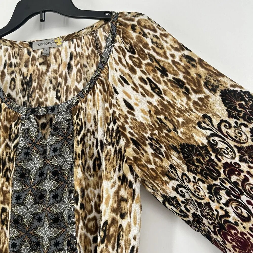 Figueroa & Flower Leopard Print Boho Top Mixed Pattern Studded Balloon Sleeve L Size L - Image 3
