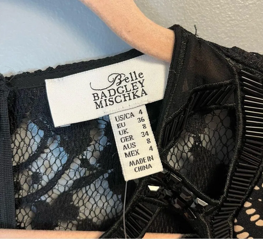 Belle Badgley Mischka Dress Black & Creamy Tan w/Beaded & Lace Neckline Sz 4 NWT - Image 5