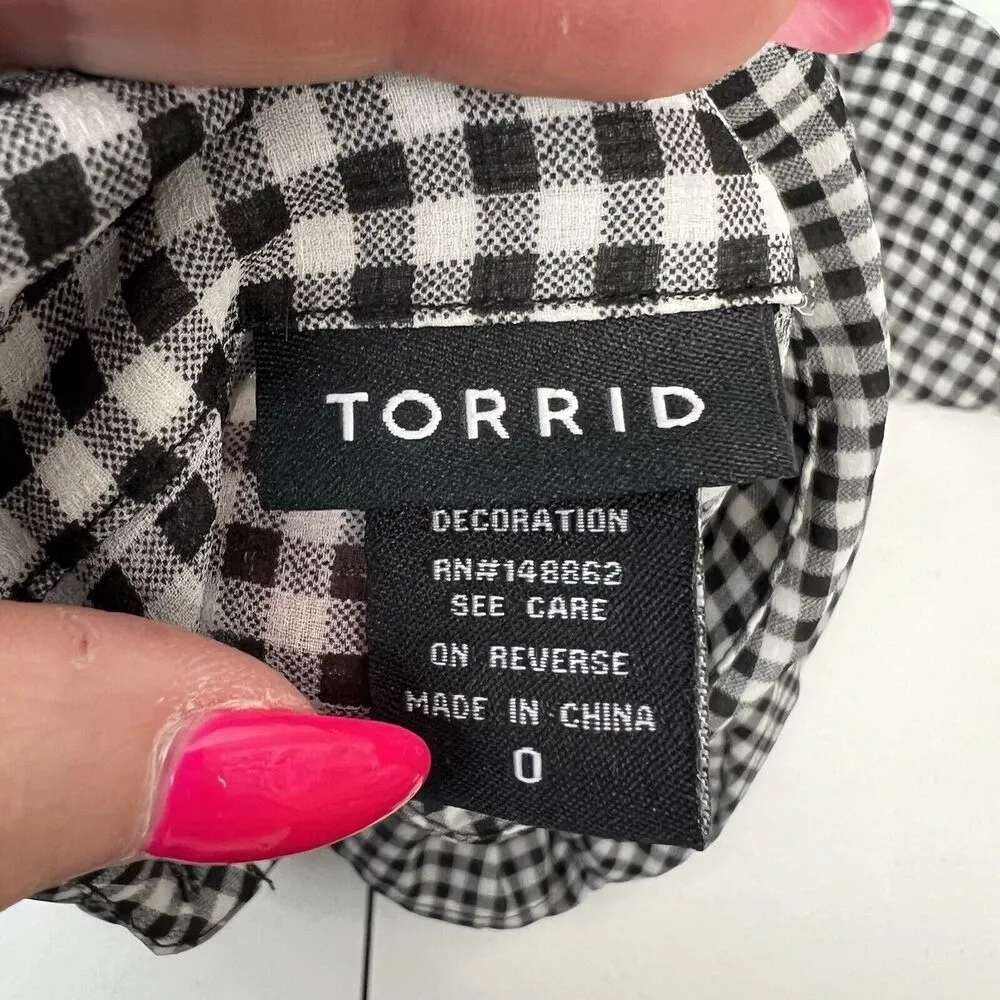 Torrid Women’s Plus 0X Blouse Gingham Ruffled Semi Sheer Black White Long Sleeve - Image 4