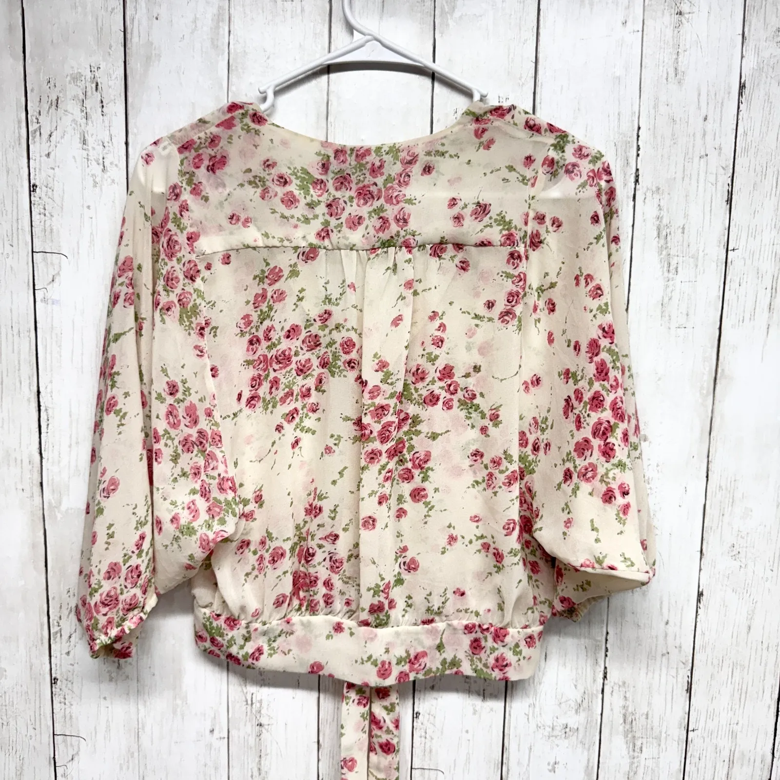 Atmosphere Blouse Women Size 8 Floral V-Neck Button Front 3/4 Sleeve Tie Front - Image 5