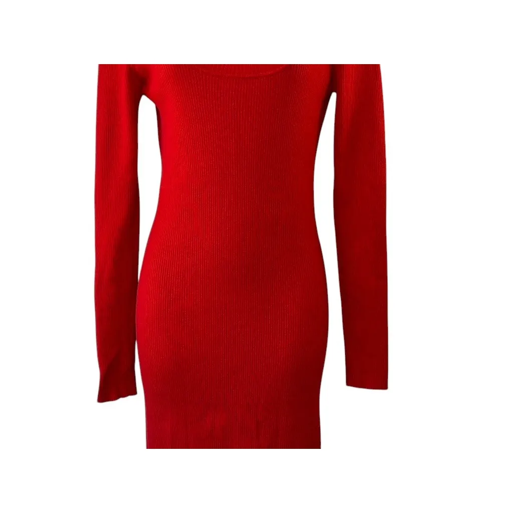 Hera Collection Red Scoop Neck Long Sleeve Ribbed Knit Midi Dress Women's Large - Image 4