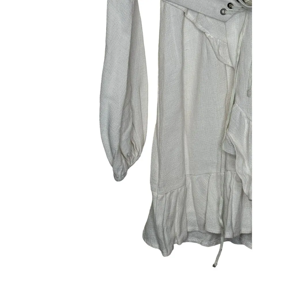 Selfie Leslie Women's Dress Mini Flaunce Hem V-Neck Belted Waist White Small NWT - Image 3