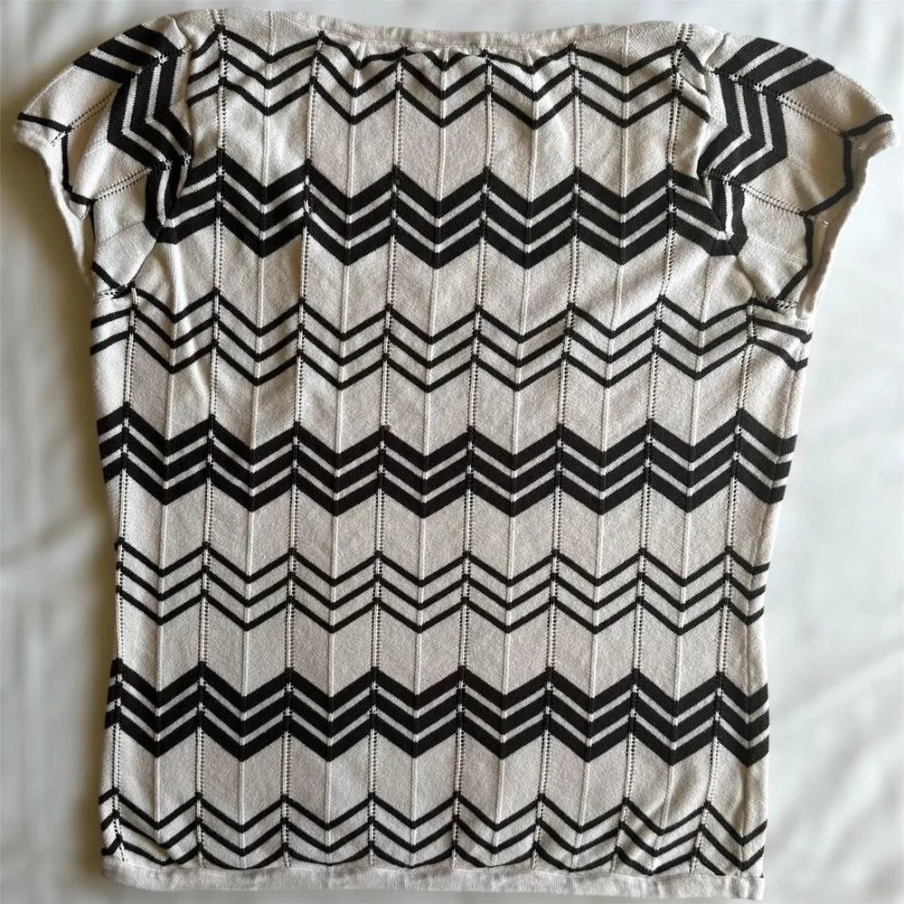 Ann Taylor White & Brown Chevron Square Neck Short Sleeve Sweater Sz PL Twee - Image 5