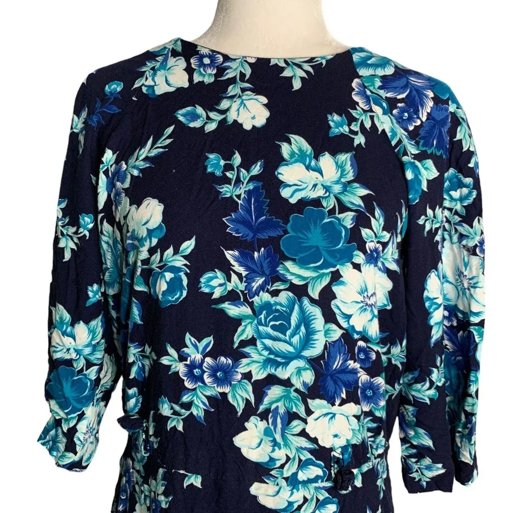 Vintage 80s Betsys Things Midi Dress 16 Blue Floral Dolman Sleeve Zip Belt Loops - Image 3