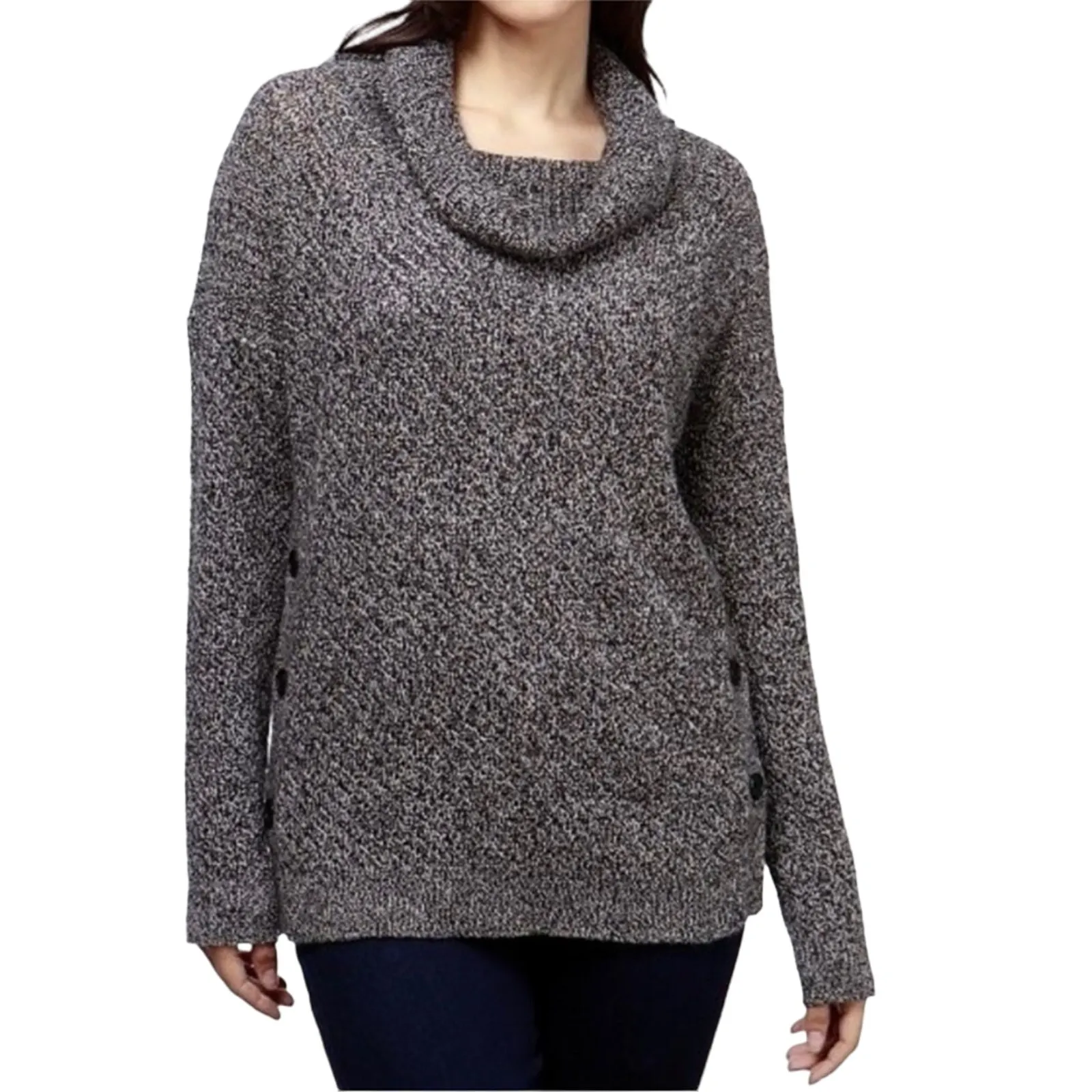 LUCKY BRAND Sweater-Tunic Sz XL Black Cowl Neck Side Button Cozy Retro Boho Y2K - Image 3