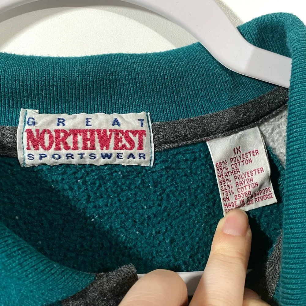 Vintage 90s Collared Henley Sweatshirt Size 1X Green, Gray, Black Batwing Sleeve Green - Image 4