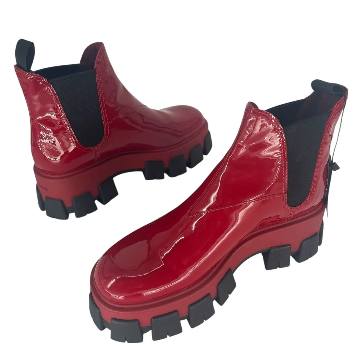 Prada Patent Leather Monolith Booties in Rosso Red - Image 7