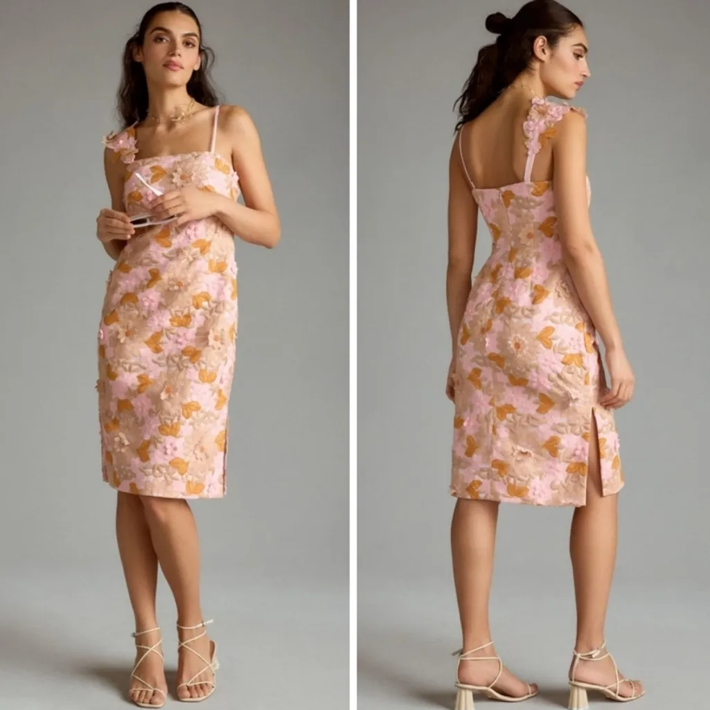 Anthropologie Pink Floral Appliqué Midi Dress - Image 2