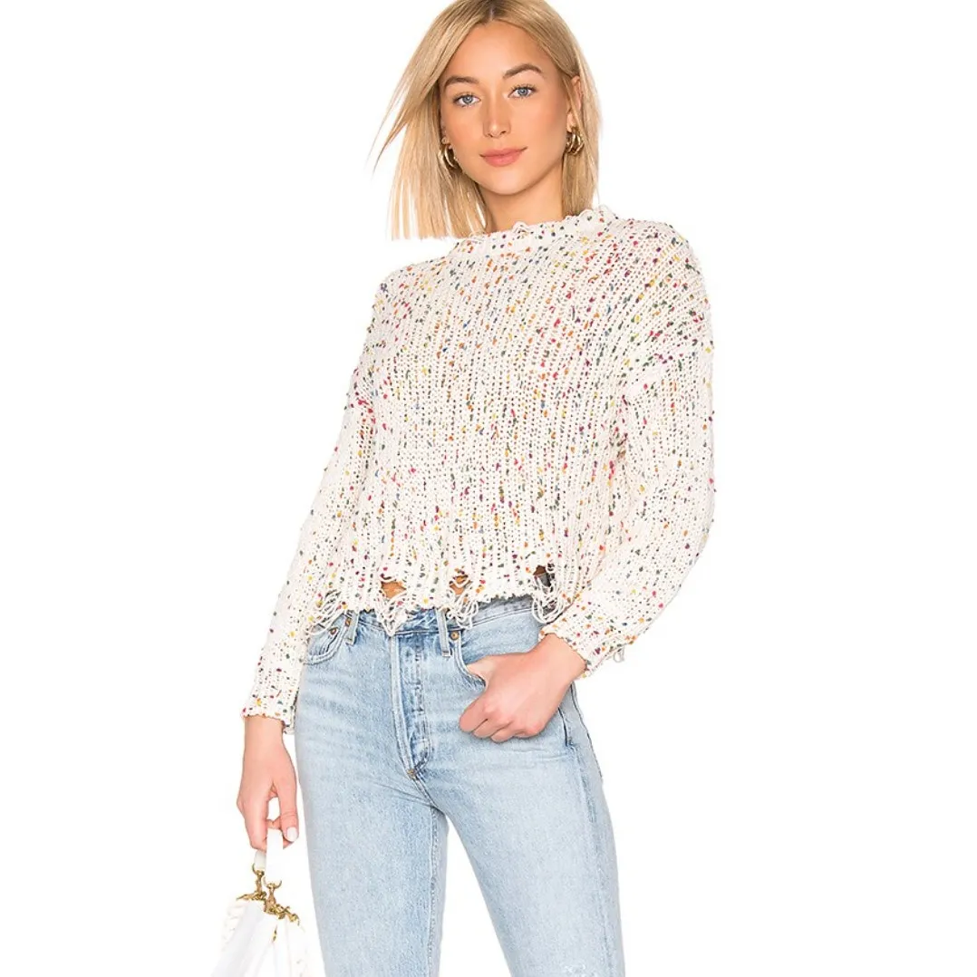 Tularosa Sweater Womens X Small Cream Confetti Distressed‎ Chenille Knit Pom Pom - Image 5