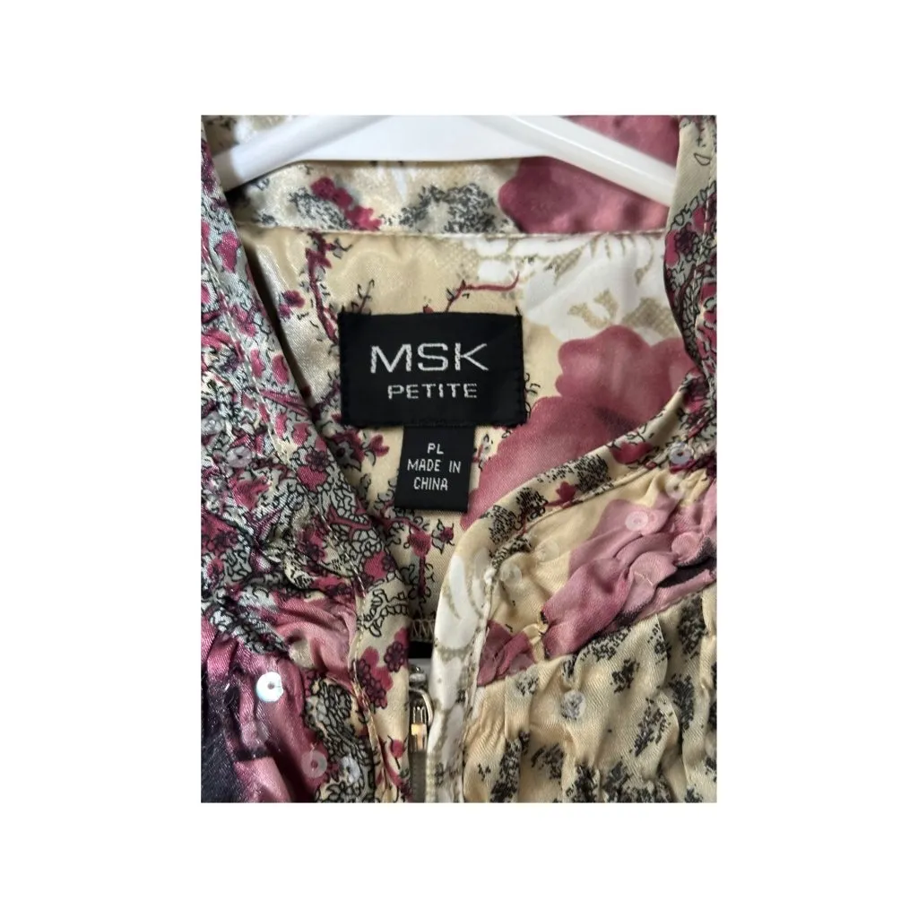 MSK Petite Womens Floral Crinkle Sequin Jacket PL Sparkly Zipper Mandarin Collar Pink Size undefined - Image 3