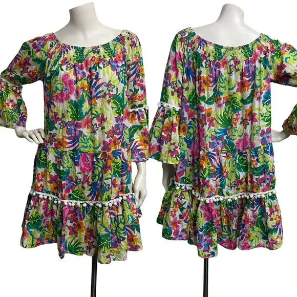 True Destinations Women's Sz Large Floral Off Shoulder Mini Dress Tiered Aloha - Image 2