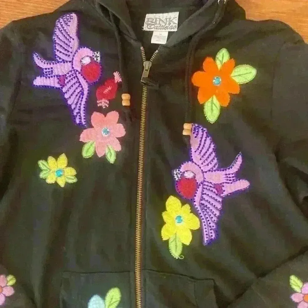 Embroidered Birds Floral Artisanal Zip Up Hoodie size Medium Black - Image 4