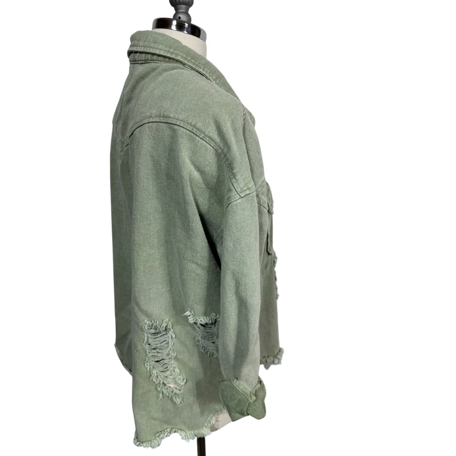 Blue B Collection Sage Green Distressed Denim Trucker Jean Jacket Size Medium - Image 5