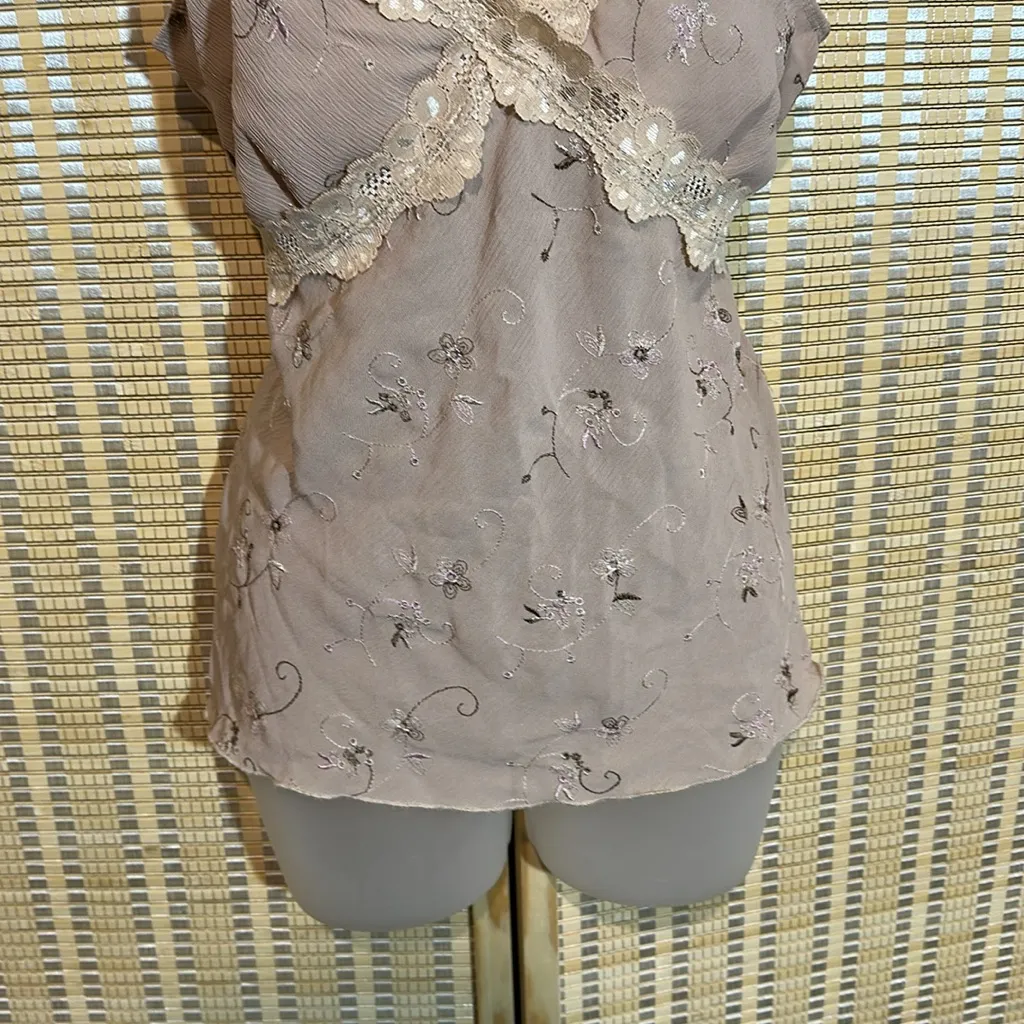 Rave Vintage 1990s Y2K Beige Floral Tank Top Ruffles Lace Trim Tie Belt Large Purple - Image 3