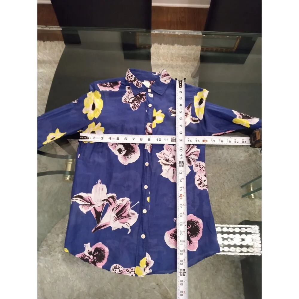 J.CREW Women's Blue Floral Silk Collared Long Sleeve Button Down Shirt Size XS - Image 9