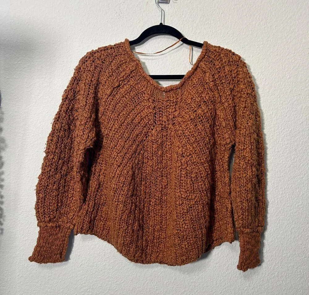 NEW Free People In A Swirl Chunky Pullover Sweater Cinnamon Brown Blouson Sleeve - Image 4