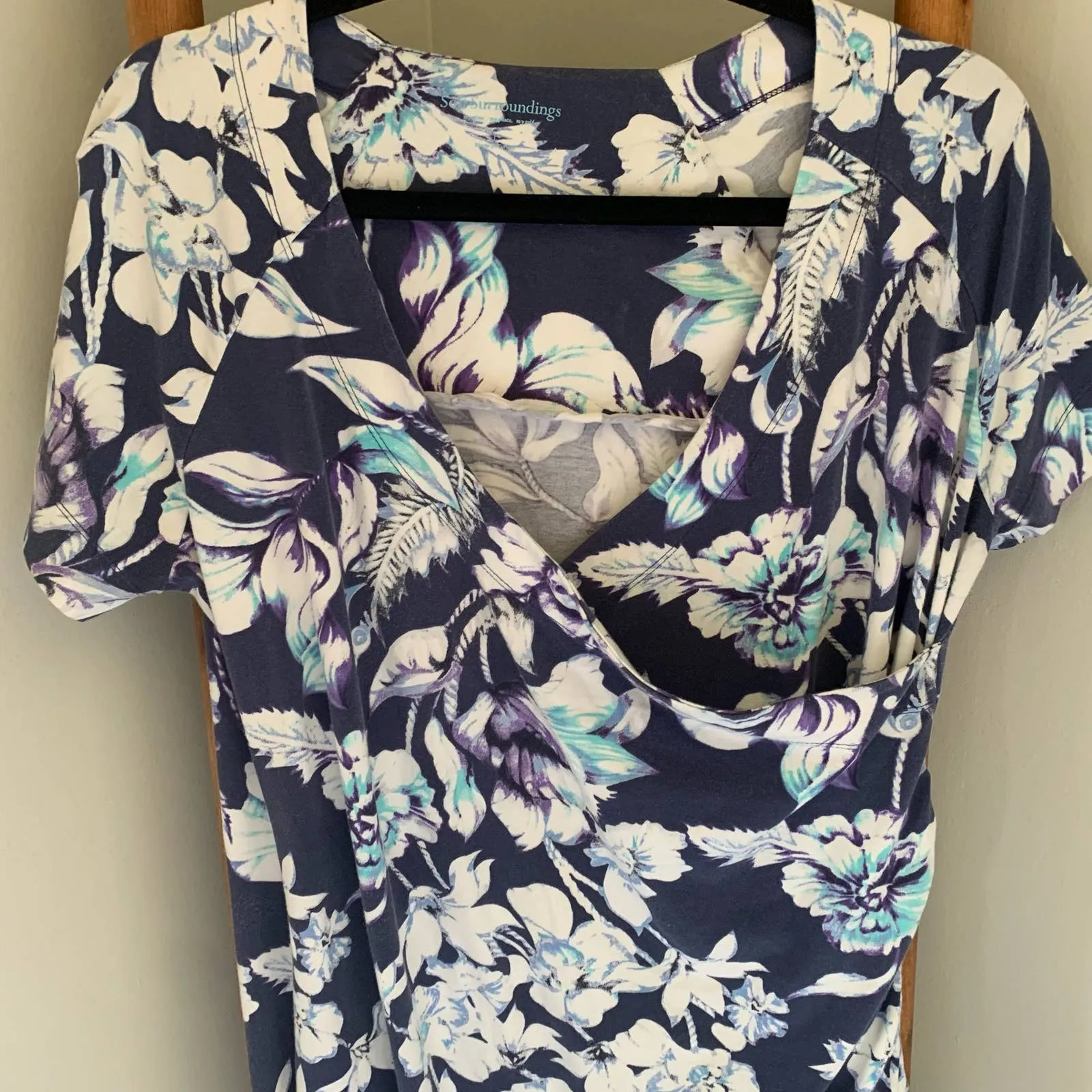 Soft Surroundings Dress Knee Length Short Sleeve Surplice Blue Floral Size Large - Image 3