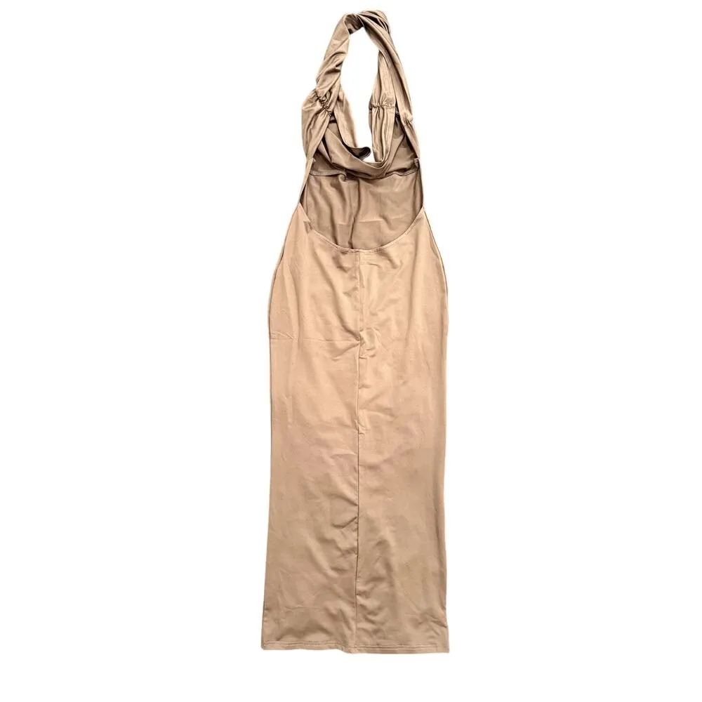 Halter Neck Cowl Neck Open Back Maxi Dress in Brown, Size S​ - Image 2