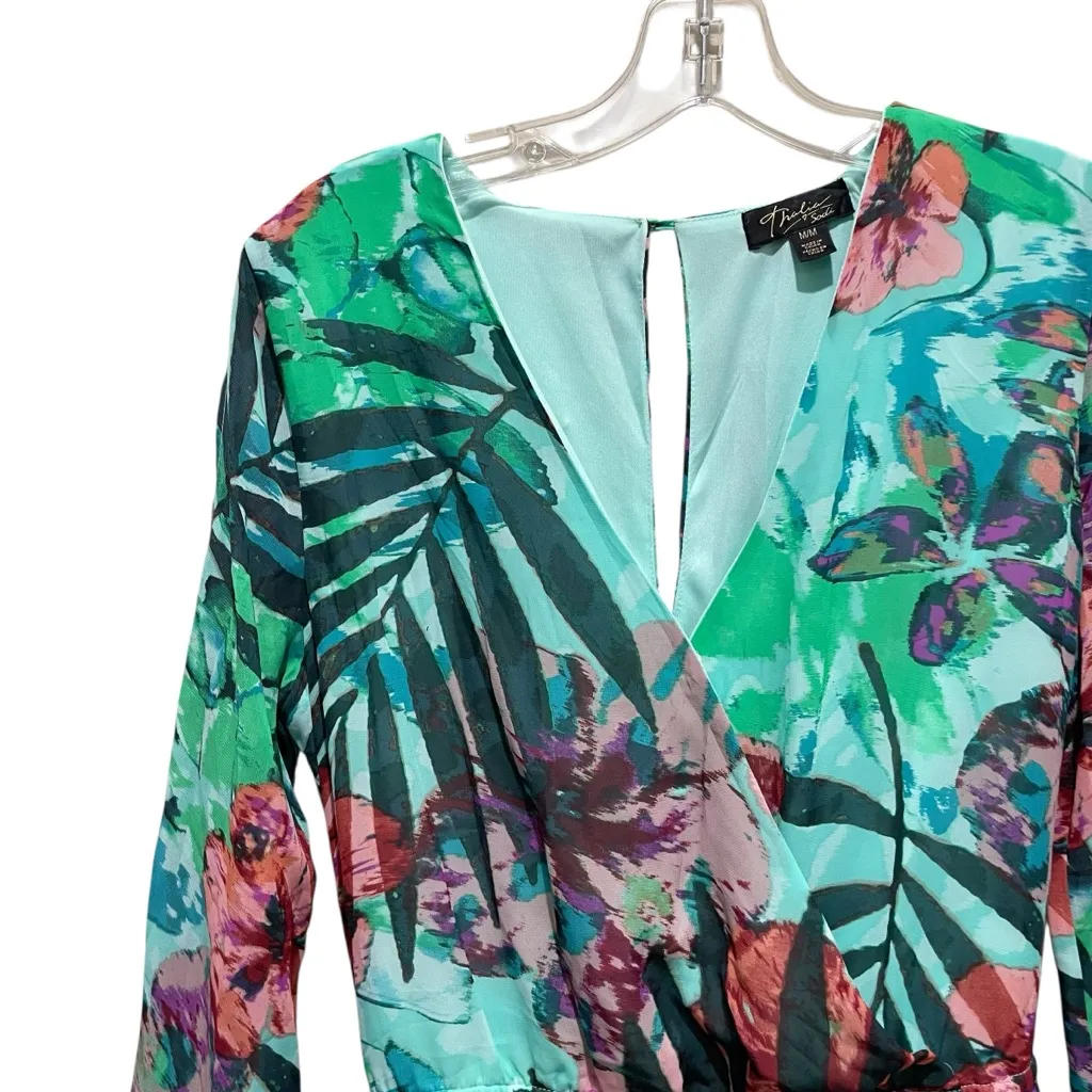 Thalia Sodi Tropical Floral Sheer Sleeve Belted Romper Aqua Bliss Womens Medium - Image 4