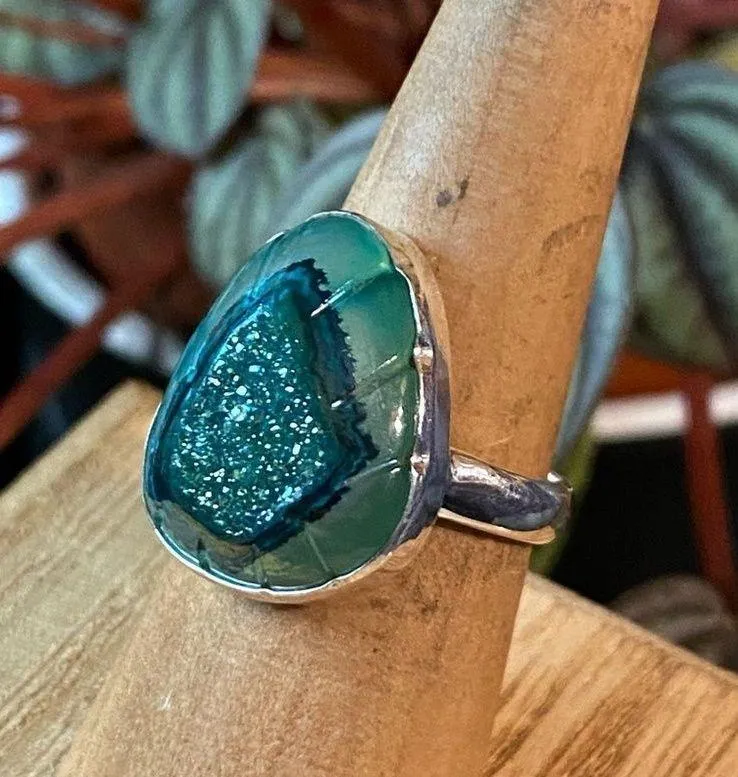 Aura Mediterranean Green Carved  Druzy Sterling Silver Size 6.5 - Image 6