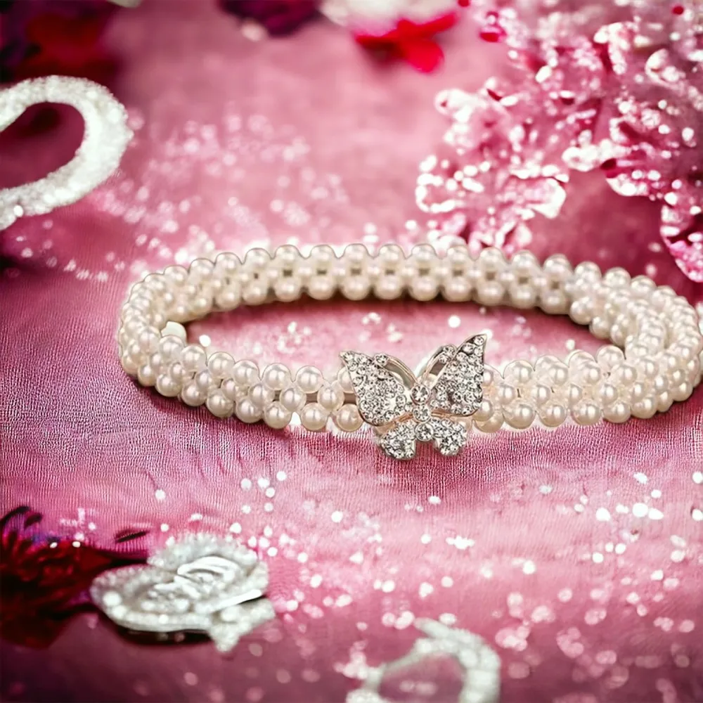 Gold Plated Butterfly Buckle Faux Pearl Belt Rhinestone Decor White Elastic Wais - Image 15
