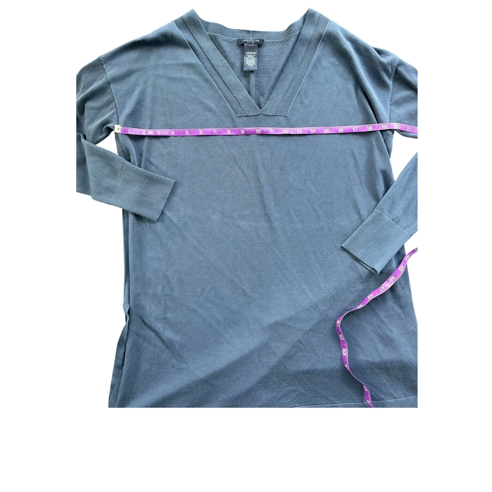 Lafayette 148 New York Cotton Blend V Neck Long Sleeve Tunic Dress Blue Size L - Image 6