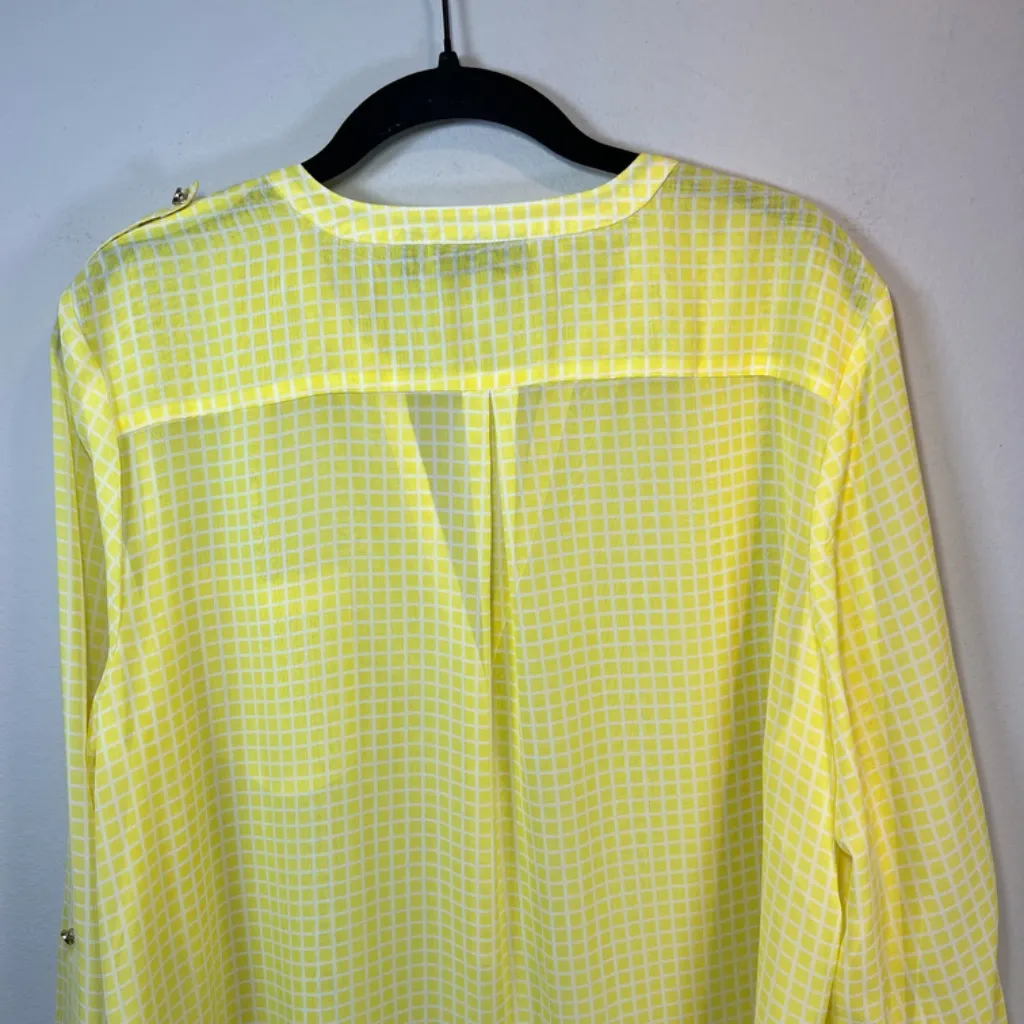 APT 9 Womens V-Neck Half Button Up Popover Blouse Top Yellow White Grid Sheer XL - Image 15