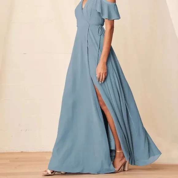 NWT Lulu's Easy Listening Slate Blue Cold-Shoulder Wrap Maxi Dress - Image 3