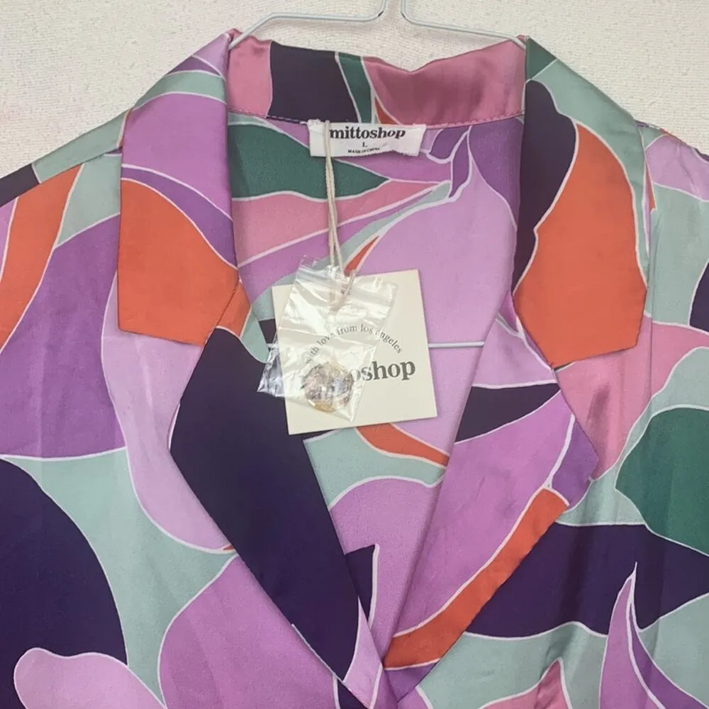 Mittoshop womens large crop button up shirt short sleeve floral multicolor brigh - Image 4