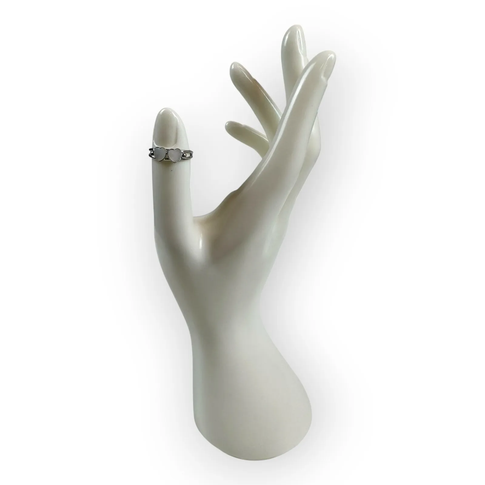 Dainty Minimalist Ring Y2K Adjustable Silver Band with Two White Hearts Size 6 - Image 2