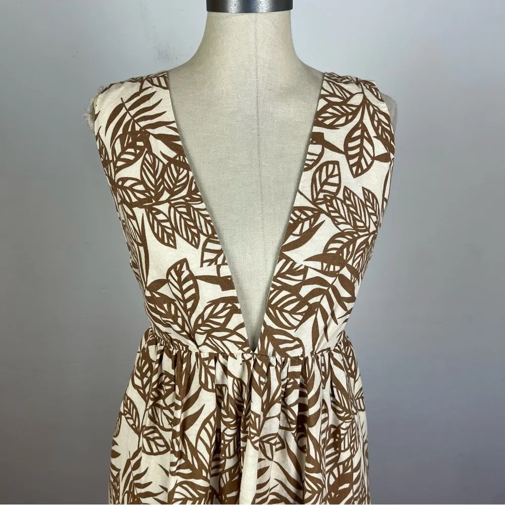 House of Harlow Linen Blend Tropical Tie Back Mini Dress Brown - Image 4