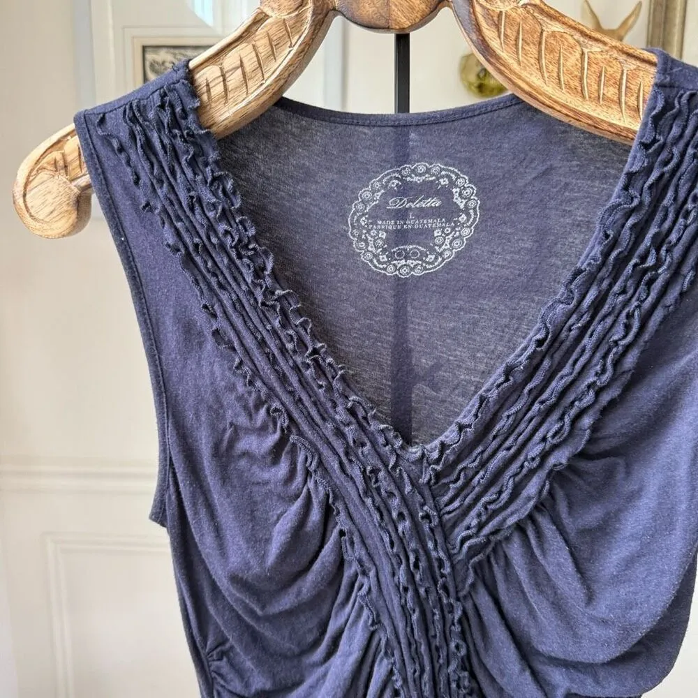 Anthropologie Deletta Dark Blue Vneck Ruffle Rucked Tank L - Image 2