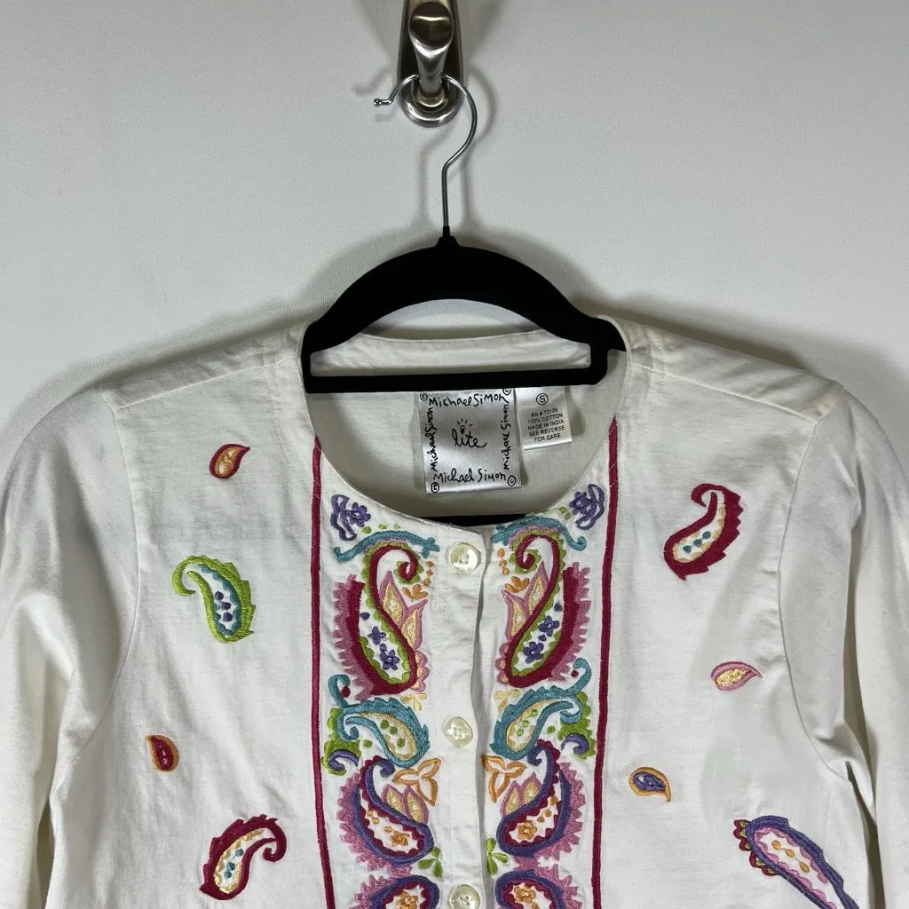 MICHAEL SIMON Vintage White Embroidered Paisley Longsleeve Cotton Cardigan Small - Image 2