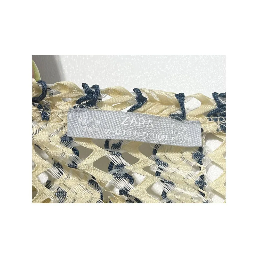 Zara W/B Dress Mesh Sheer Open Knit Unlined Ruffle Short Sleeve Cream Blue Small - Image 2