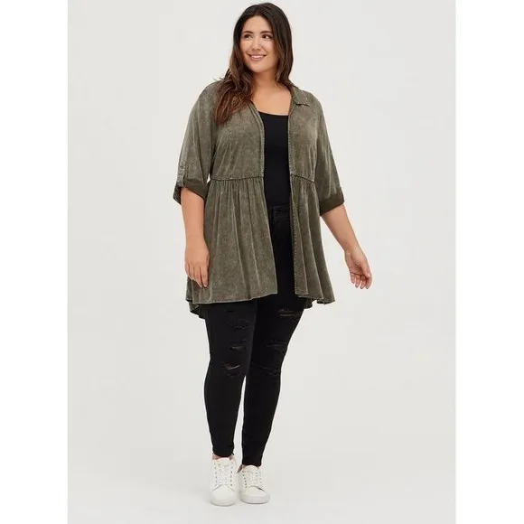 Torrid  Olive Green Washed Collared Button Front Kimono Cardigan Jacket Size 1 - Image 2