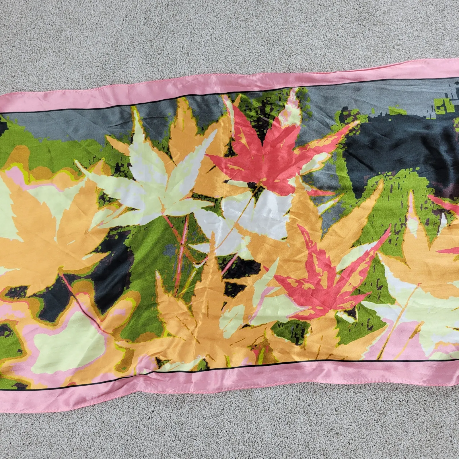 Bodie Womens Scarf 58" x 21" Pink Green Autumn Maple Silk Rectangle Wrap Shawl - Image 3