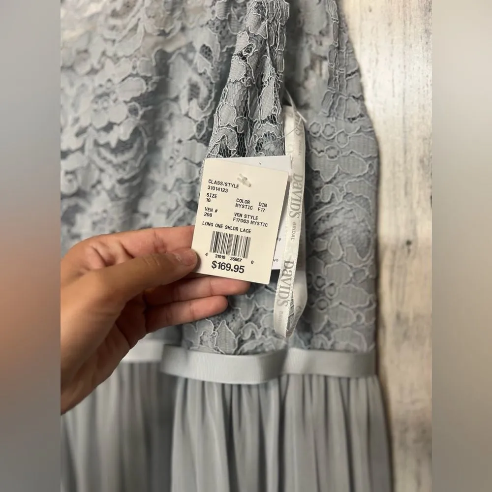 David’s Bridal One-Shoulder Lace Chiffon Gown – Misty Blue – Size 16 – NWT - Image 6