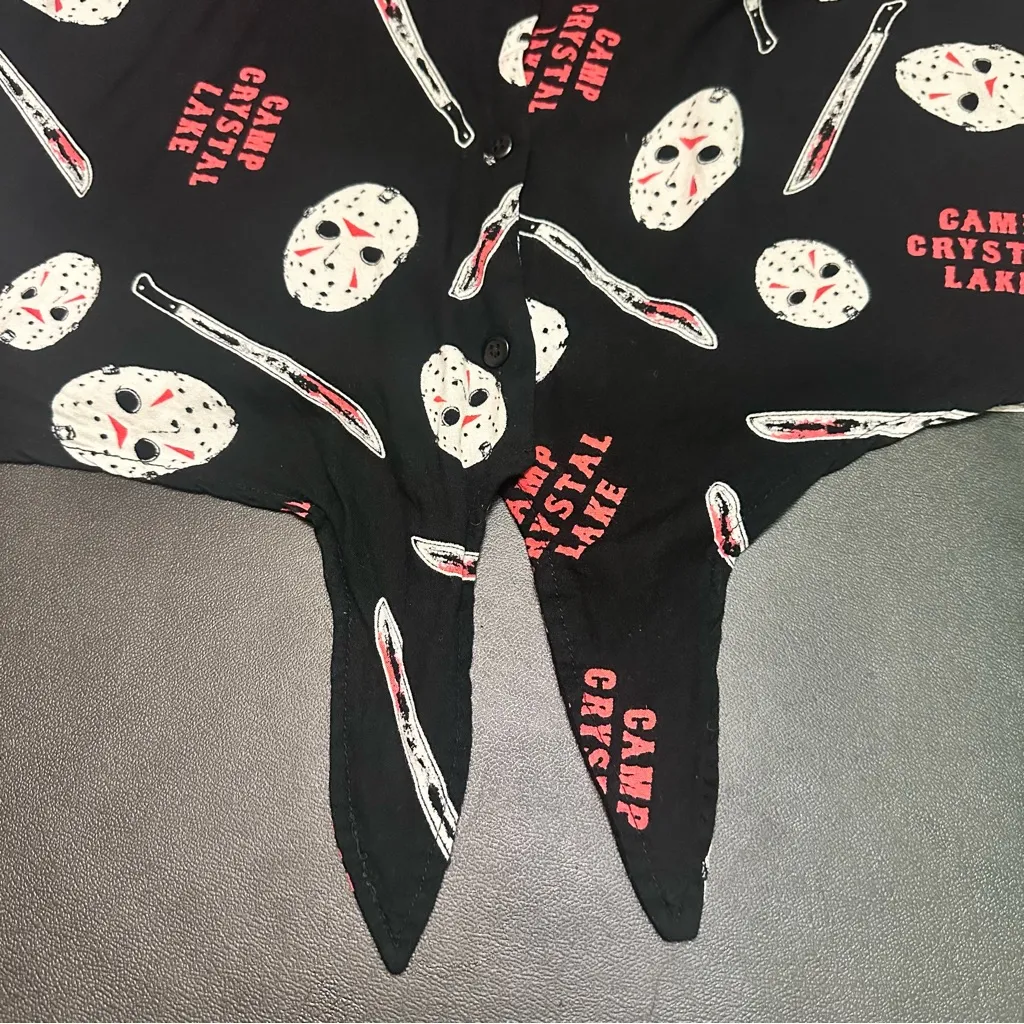 Friday The 13Th Chic Black and Red Graphic Button Down Shirt XL - Image 9