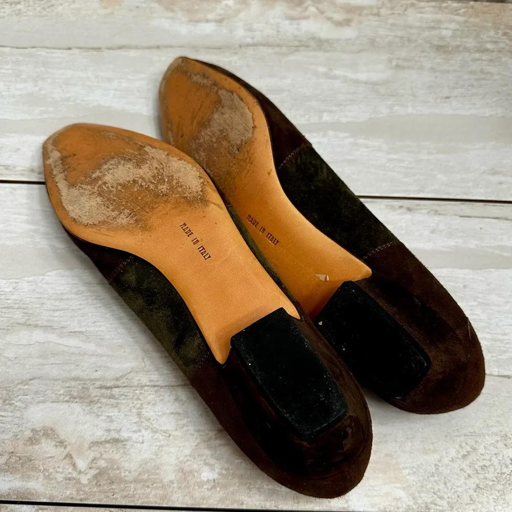 Salvatore Ferragamo Women Sz 9.5 AA Brown Green Suede Vintage Boho Chic Slip Ons - Image 7
