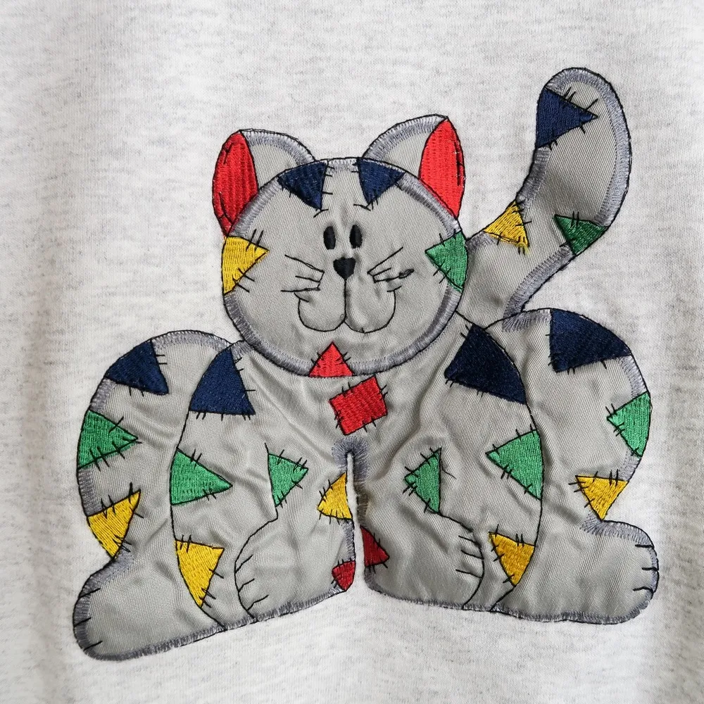 Vintage 90s Embroidered Patchwork Cat Sweatshirt Size XS - Image 6