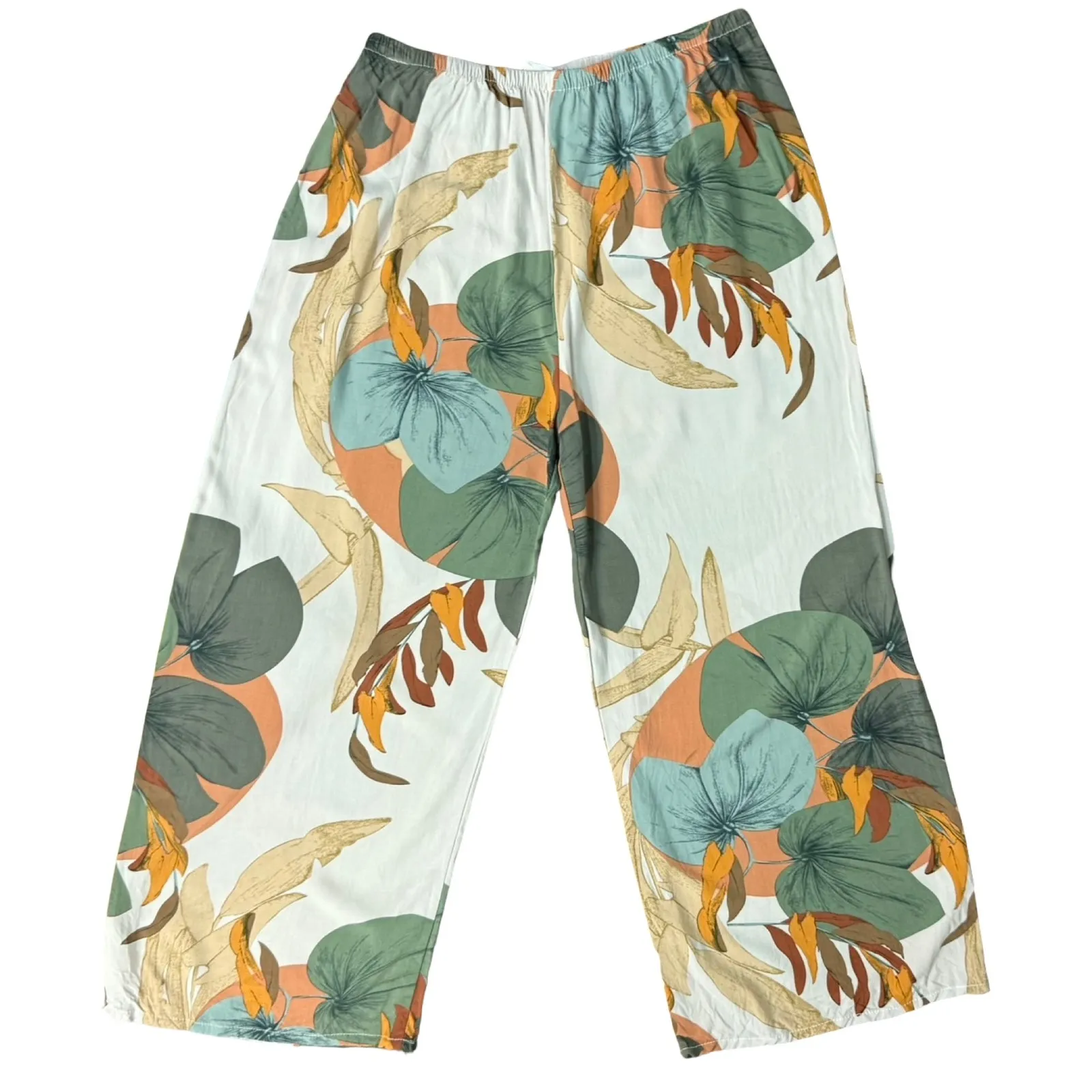 Tropical Floral White Green Orange 3-Piece Pajama Set Pants Tank Kimono size L - Image 6