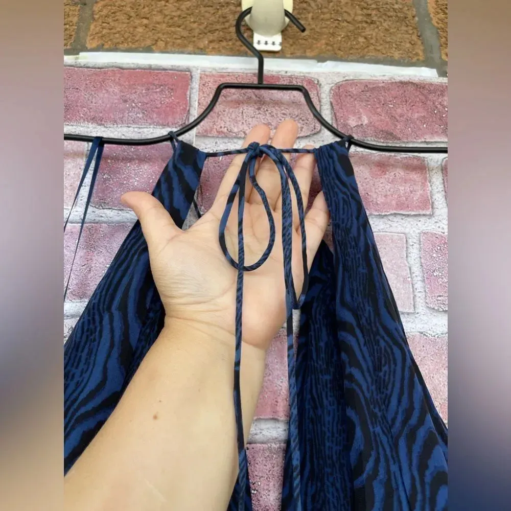 Diane von Furstenberg Blue Black Wood Grain Print Silk Jumpsuit Sz 4 - Image 11