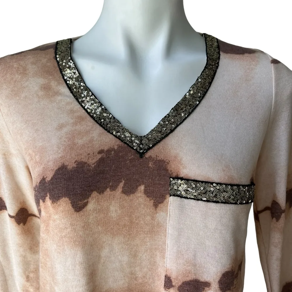 NWT, 7th Ray V-Neck Long Sleeve Sweater, Mocha Tie Dye, Sz S - Image 6