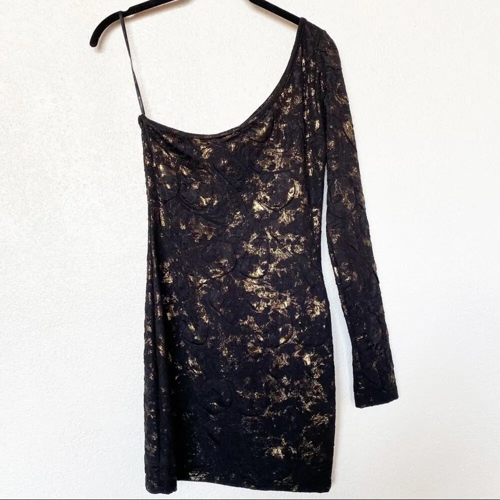 Forever 21 Black and Gold Textured One Shoulder Mini Dress Size Small - Image 7