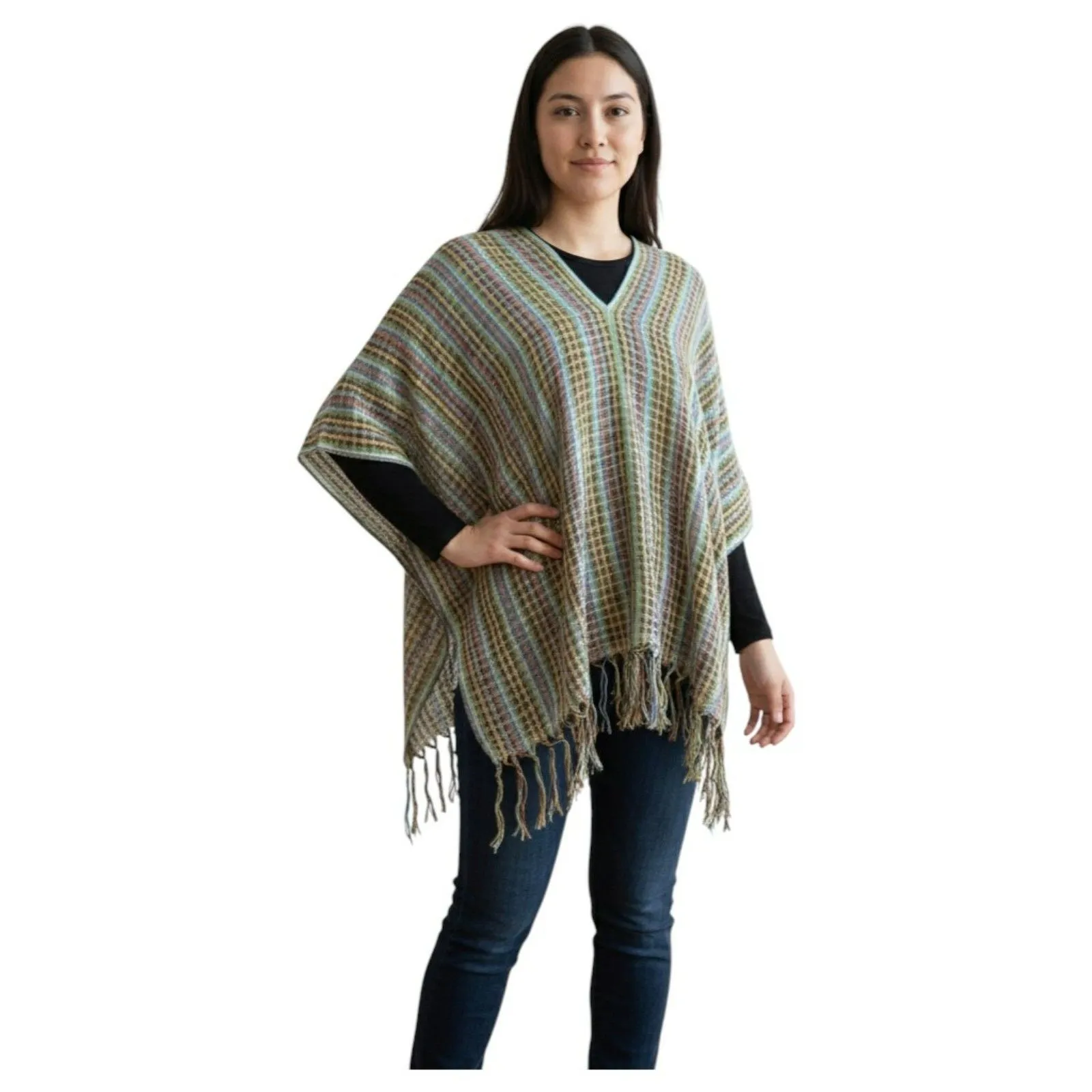 Handwoven Oaxaca Multicolor Fringe Poncho Shawl One Size Boho Artisan Mexico Blue - Image 3