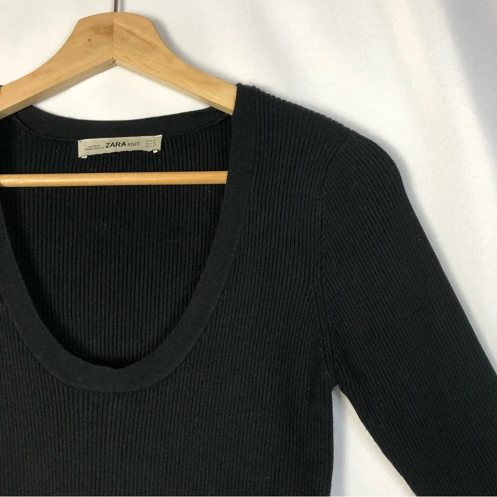 Zara Knit Black Ribbed Knit Scoop Neck Half Sleeve Top M - Image 3