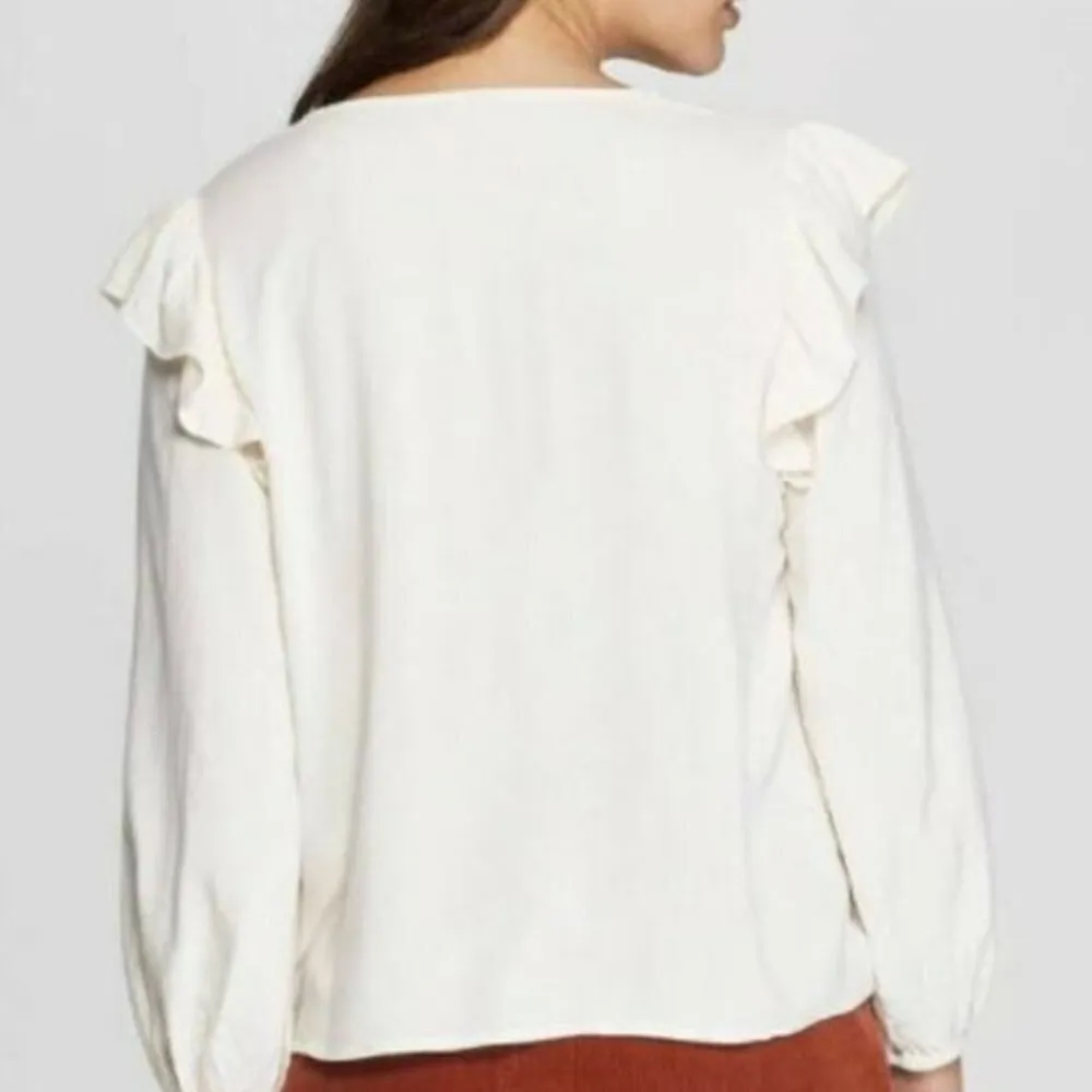 Universal Thread Double Ruffle Long Sleeve Deep V-Neck Top Cream - Image 4